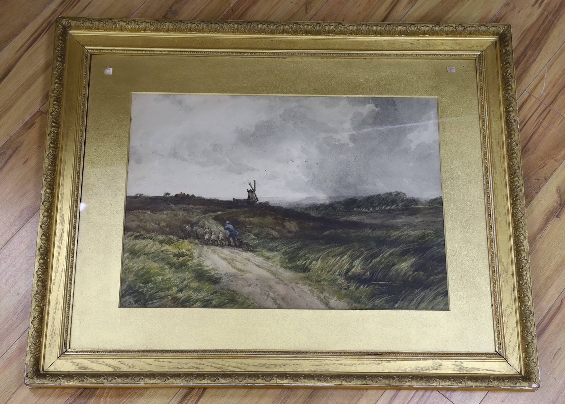 Attributed to David Cox, watercolour, Shepherd and flock in a windy landscape, bears signature, 47 x 67cm